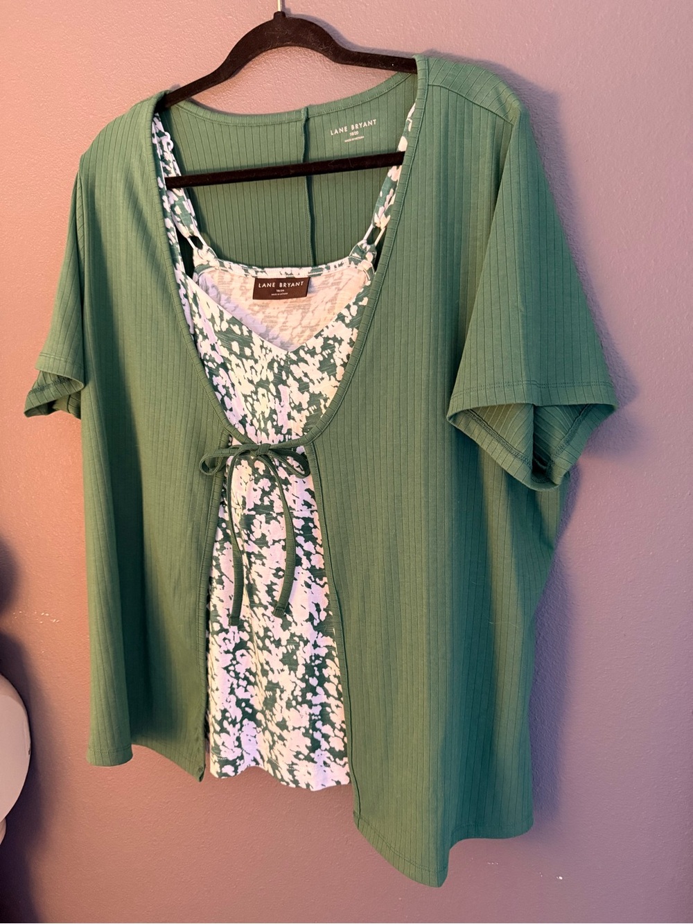 Lane Bryant Green Ribbed Tie-Front Layered cardigan and Tank Top. NWOT.